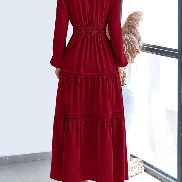 Women's 2025 Elegant Maxi Dresses Long Sleeve V Neck Flowy Pockets Casual Modest - Picture 4 of 7
